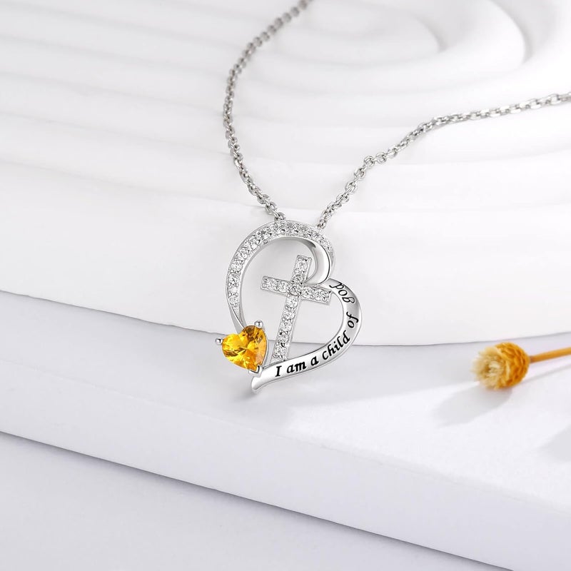 MANBU Sterling Silver Cross Necklace for Girls: Heart Birthstone I am a Child of God Pendant Religious Jewelry Baptism First Communion Confirmation Gifts for Teens - Image 1